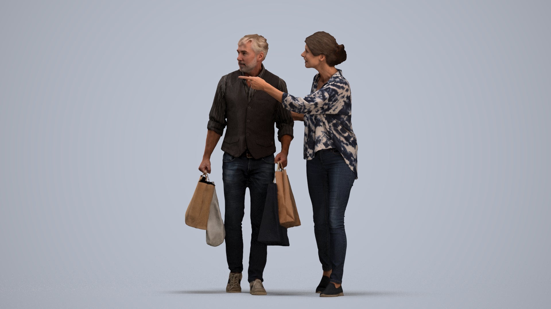 3D human model woman casual shopping, photogrammetry scanned person for archviz, standing pose render