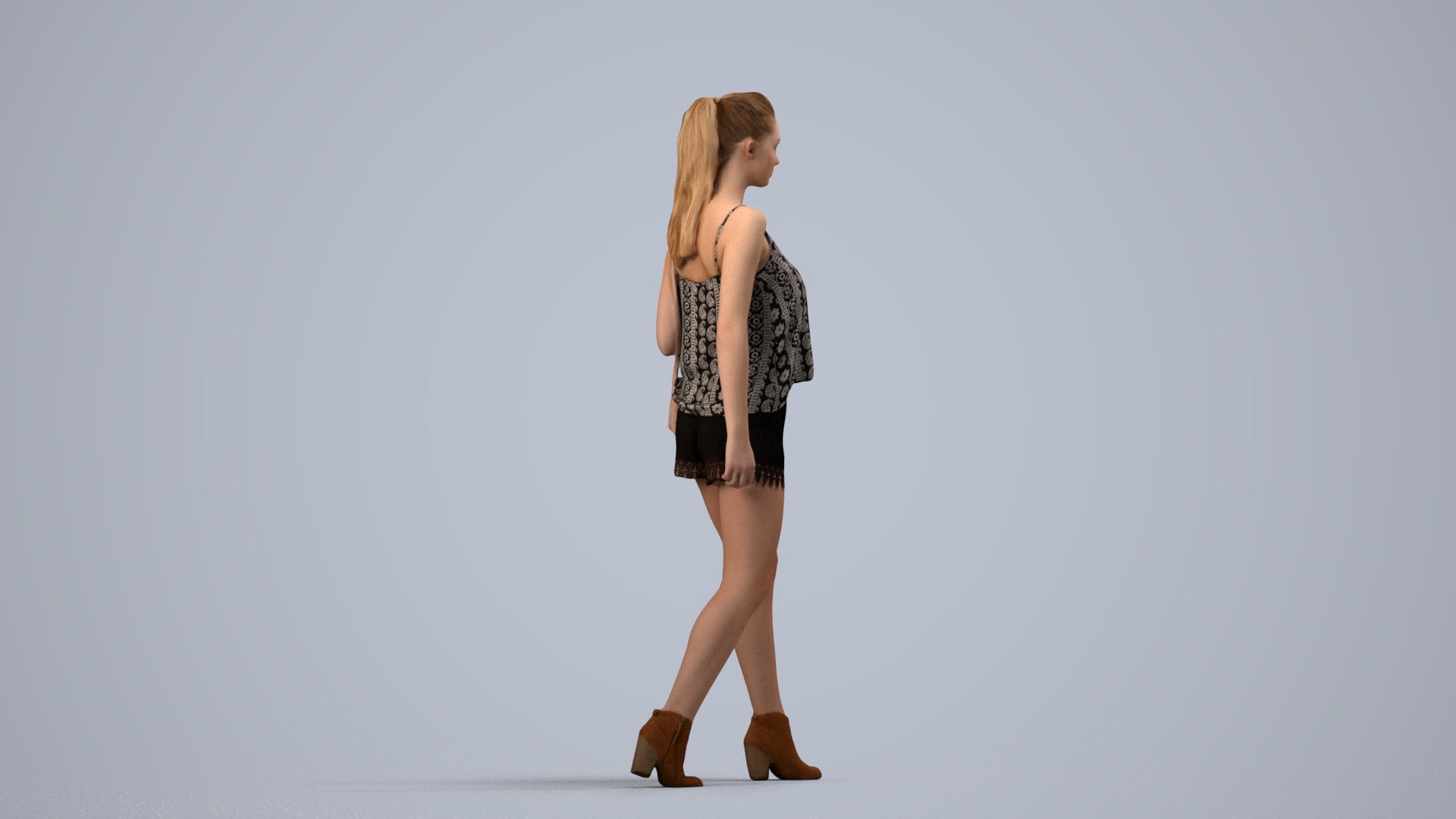 realistic 3D people girl casual walking, render-ready for V-Ray and Corona, FBX OBJ, side view render