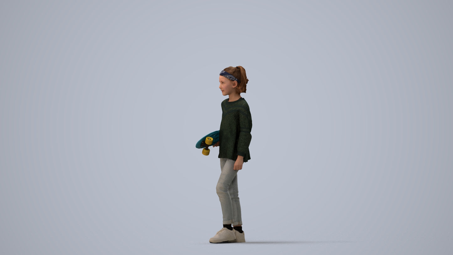 realistic 3D girl casual kids, scanned archviz people for Blender and 3ds Max, three-quarter view render