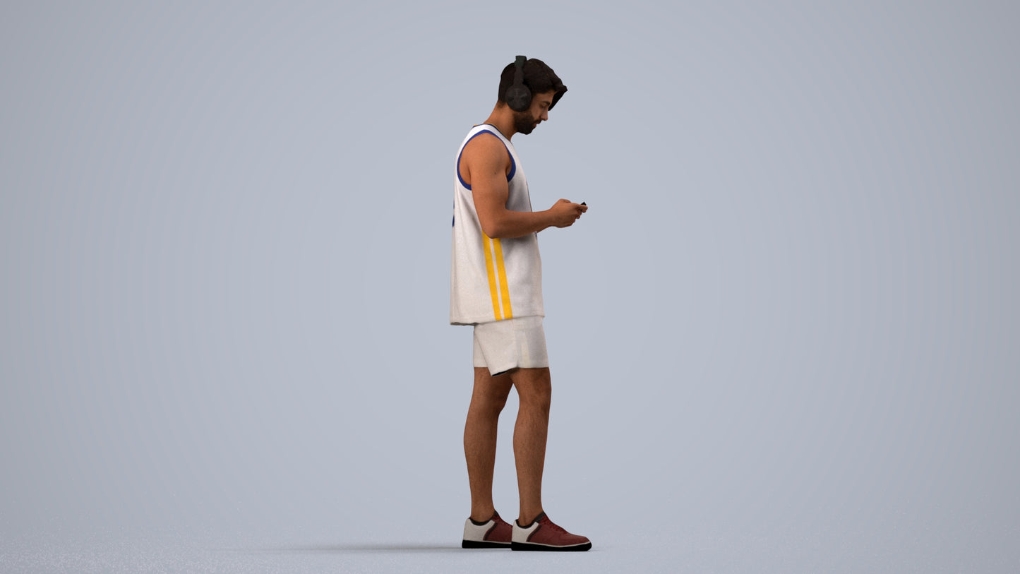 realistic 3D human man sport standing, archviz people FBX OBJ for Blender, side view render