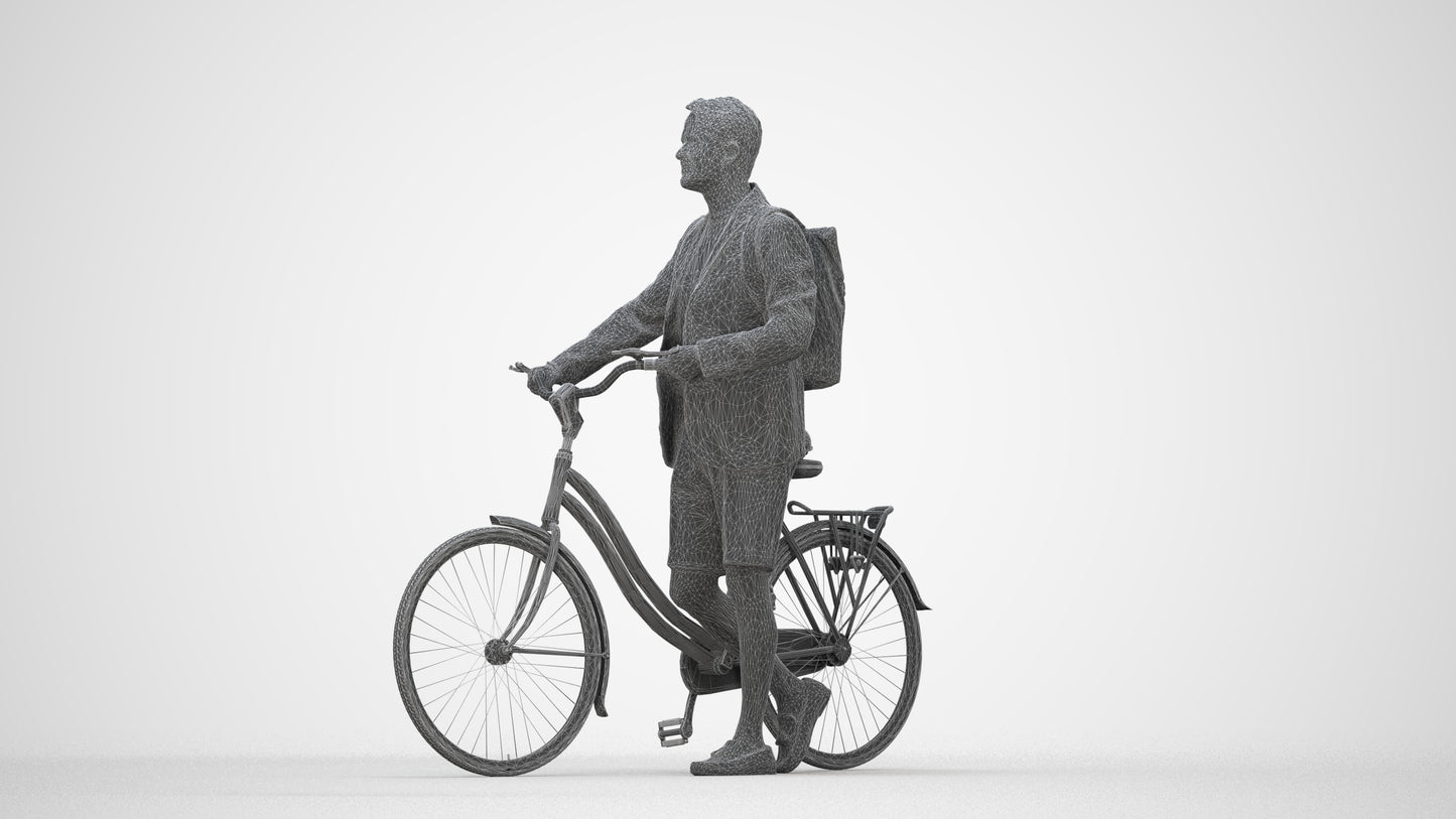realistic 3D man business cycling, scanned archviz people for Blender and 3ds Max, wireframe back view