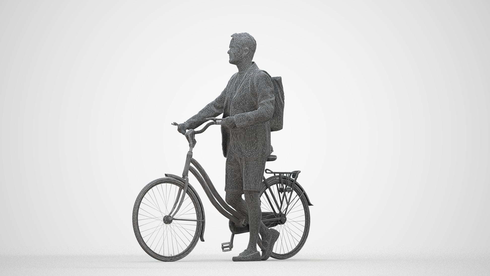 realistic 3D man business cycling, scanned archviz people for Blender and 3ds Max, wireframe back view
