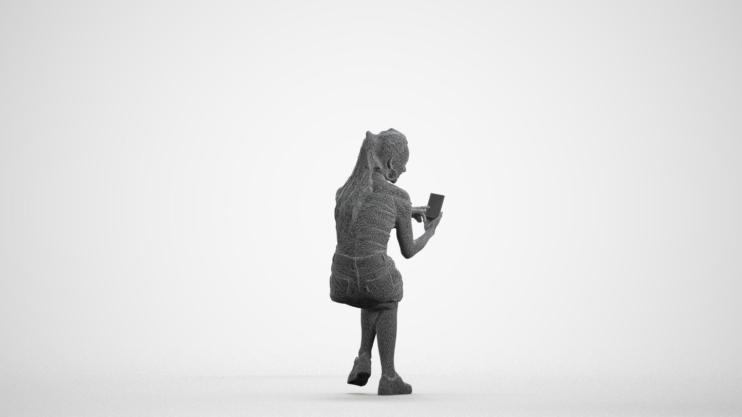realistic 3D woman casual sitting, scanned archviz people for Blender and 3ds Max, wireframe front view