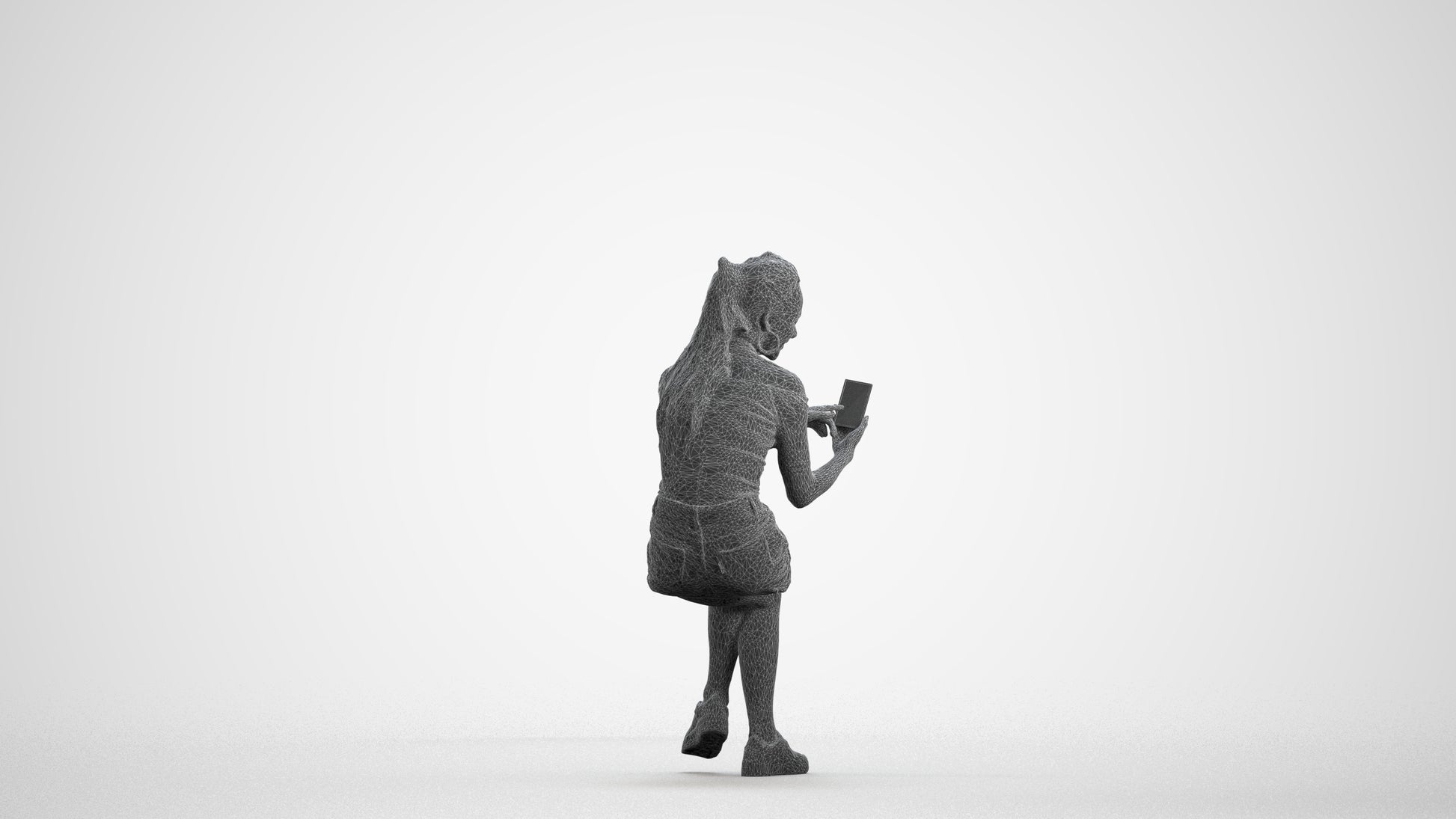 realistic 3D woman casual sitting, scanned archviz people for Blender and 3ds Max, wireframe front view