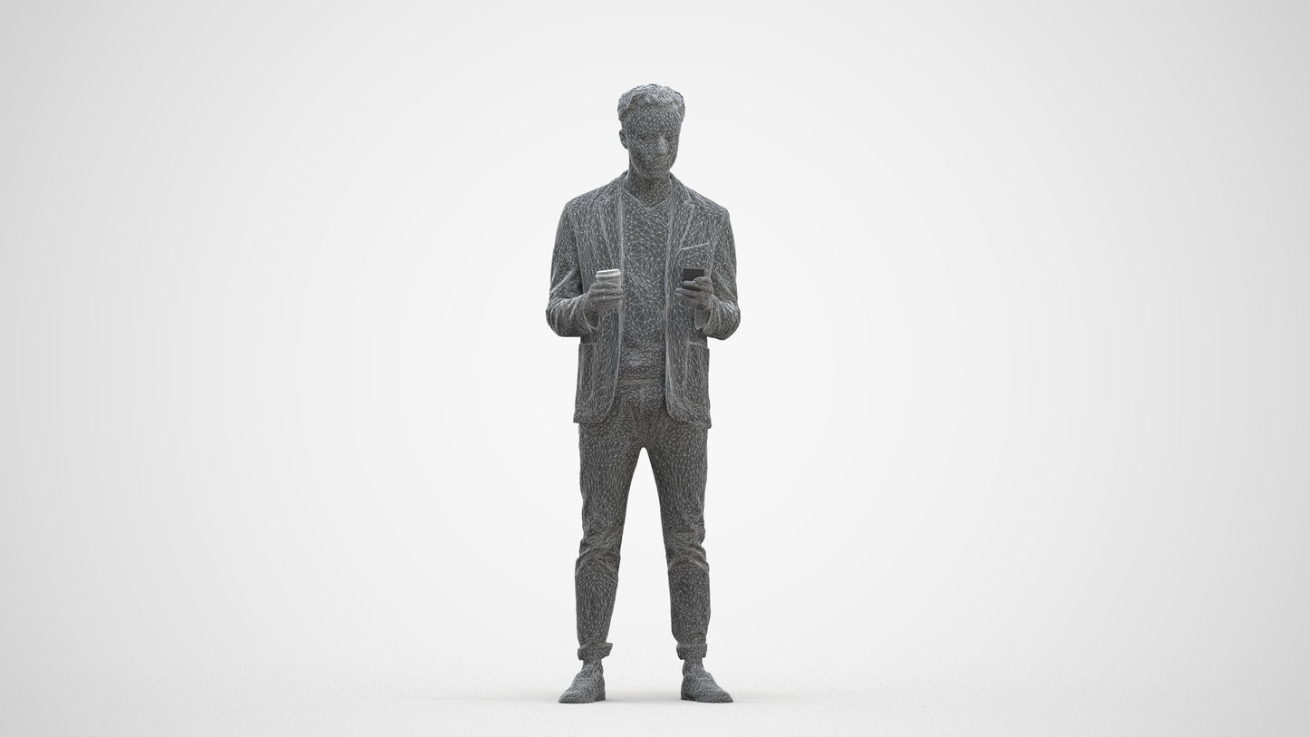 3D human model man business standing, photogrammetry scanned person for archviz, three-quarter front view render