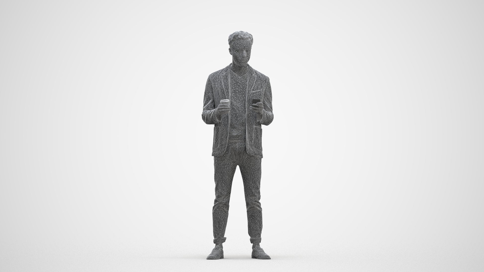 3D human model man business standing, photogrammetry scanned person for archviz, three-quarter front view render