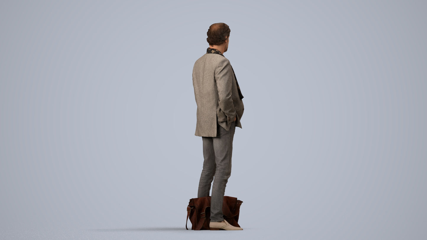realistic 3D human man business standing, archviz people FBX OBJ for Blender, side view render