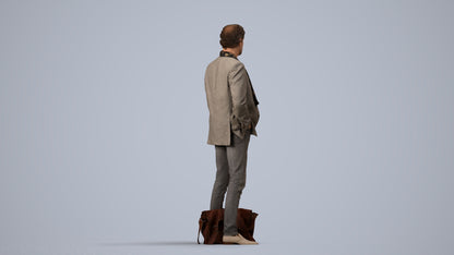 realistic 3D human man business standing, archviz people FBX OBJ for Blender, side view render