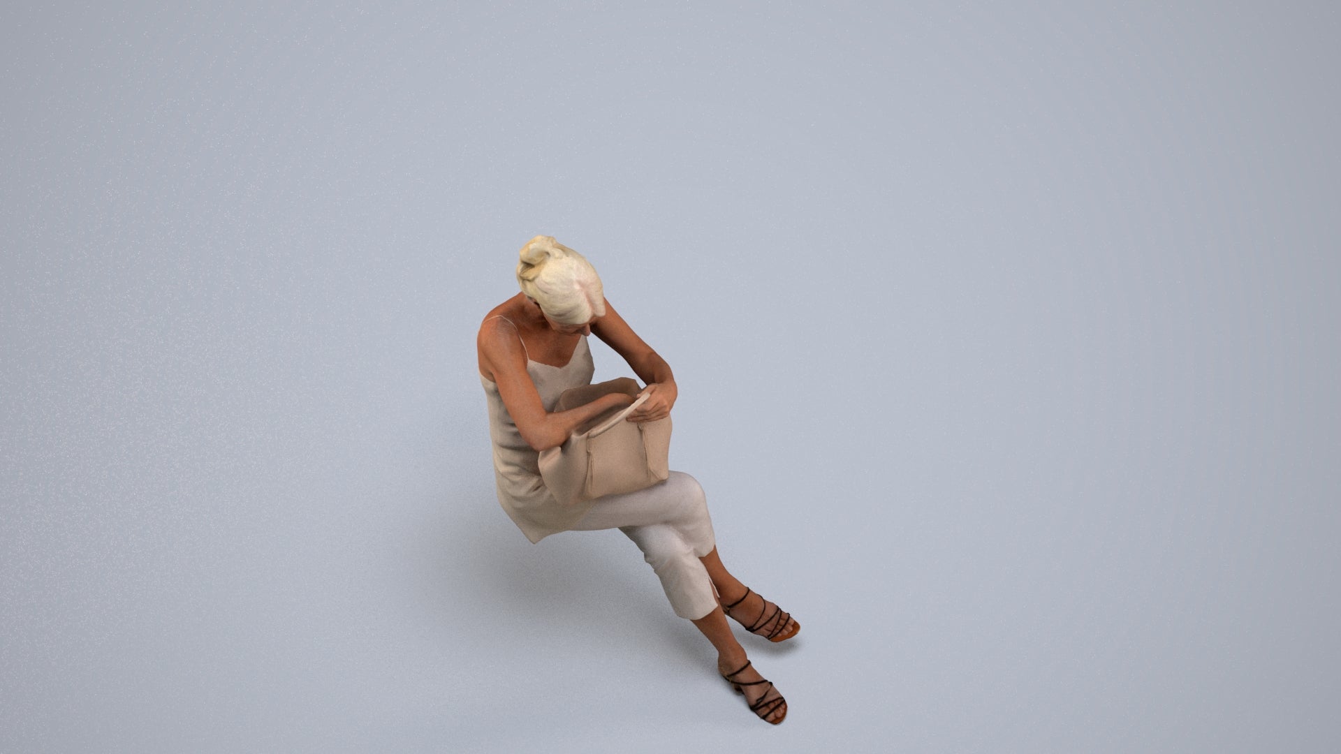 3D scanned senior woman sitting casual, photorealistic archviz people for Enscape and SketchUp, back view render