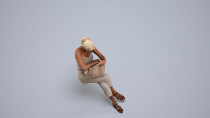 3D scanned senior woman sitting casual, photorealistic archviz people for Enscape and SketchUp, back view render