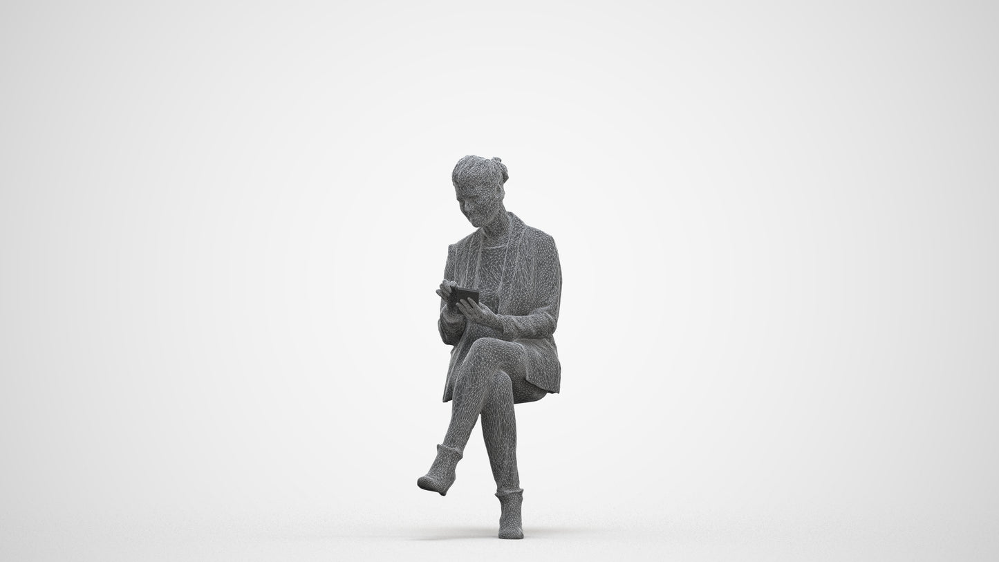 3D human model woman business sitting, photogrammetry scanned person for archviz, three-quarter front view render