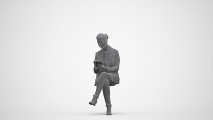 3D human model woman business sitting, photogrammetry scanned person for archviz, three-quarter front view render