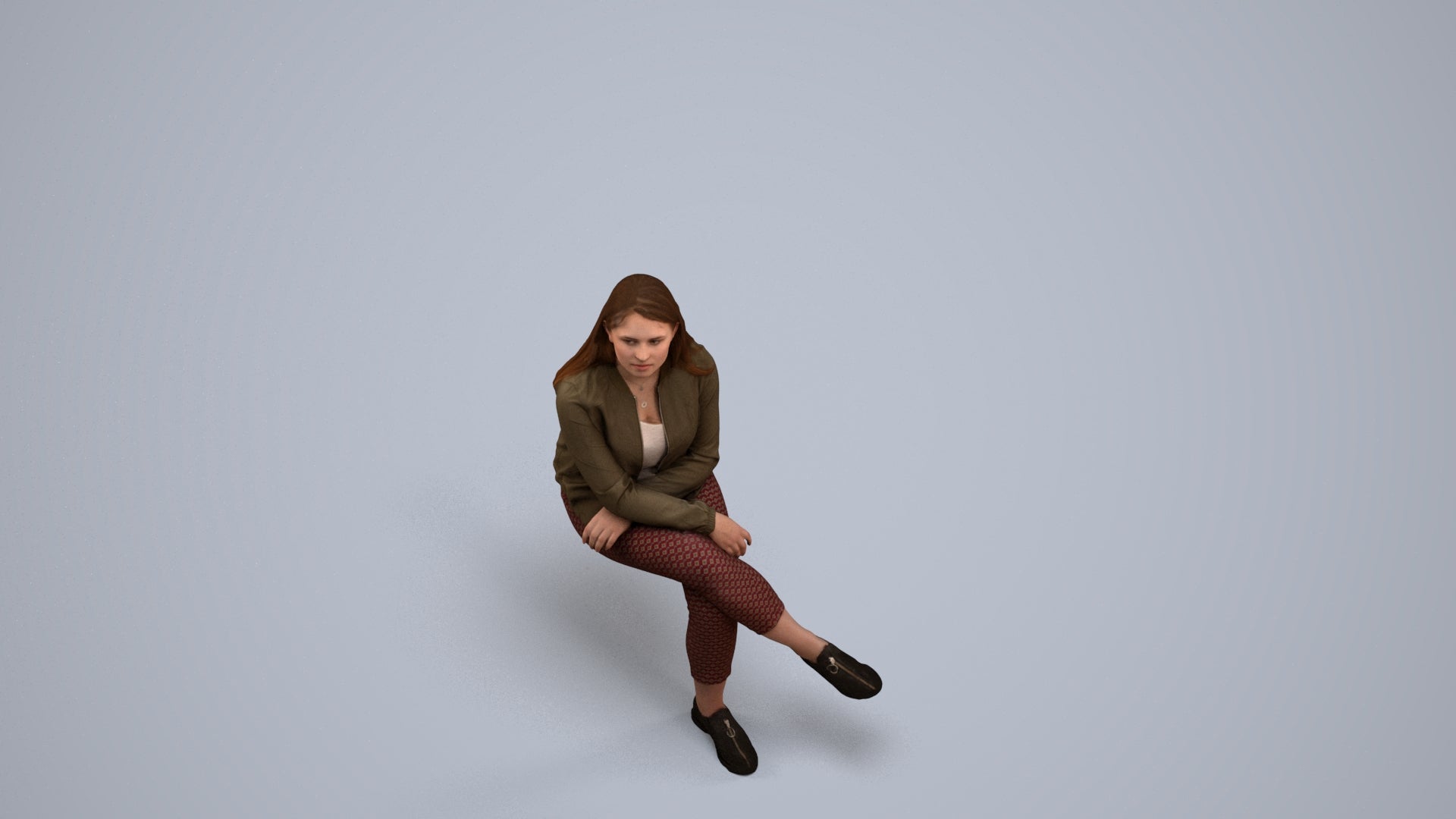 3D human model woman casual sitting, photogrammetry scanned person for archviz, back view render