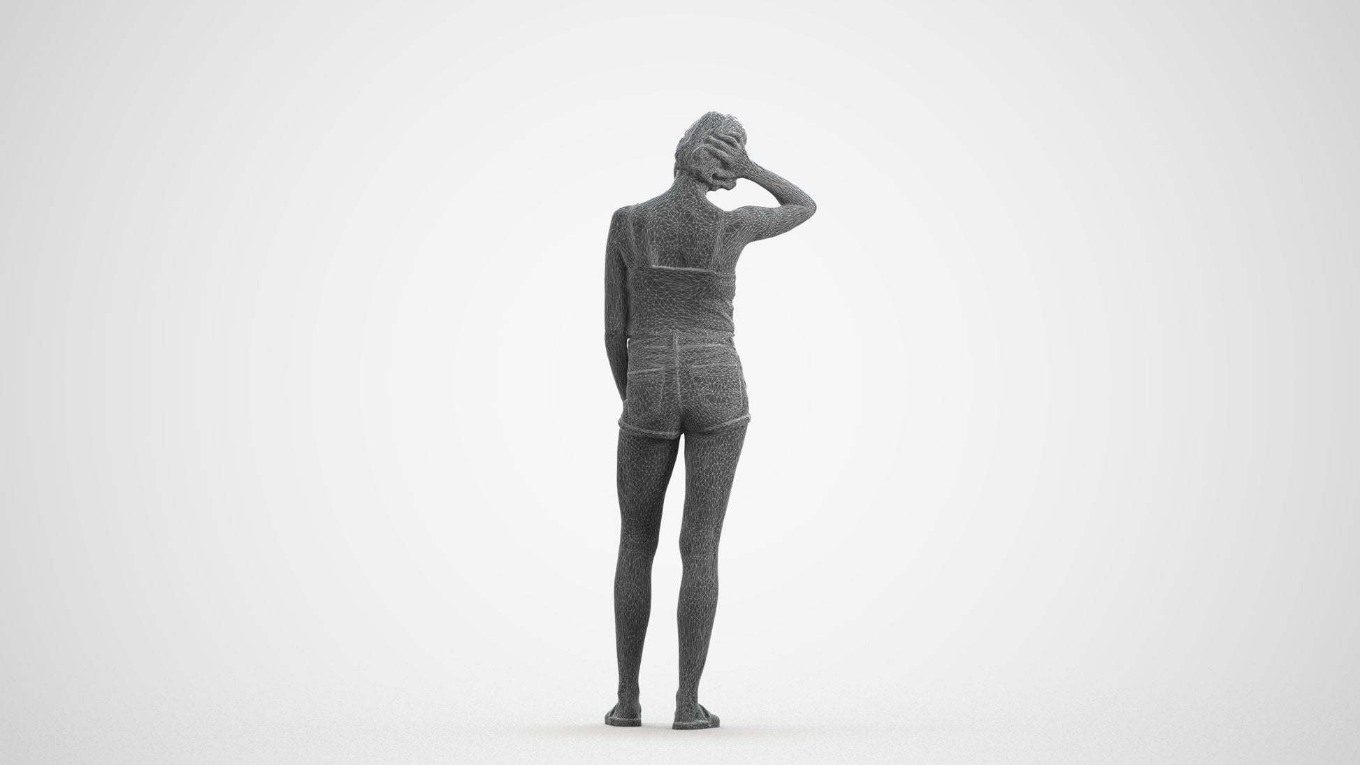 realistic 3D woman casual standing, scanned archviz people for Blender and 3ds Max, wireframe front view