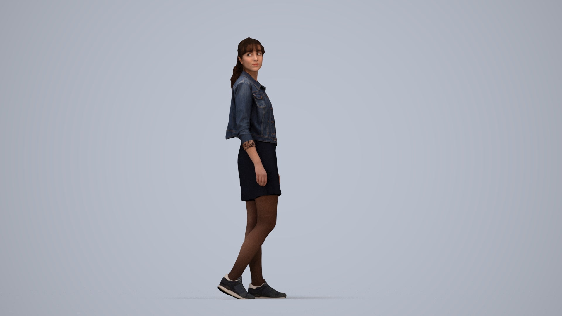 realistic 3D woman casual walking, scanned archviz people for Blender and 3ds Max, top-down view render