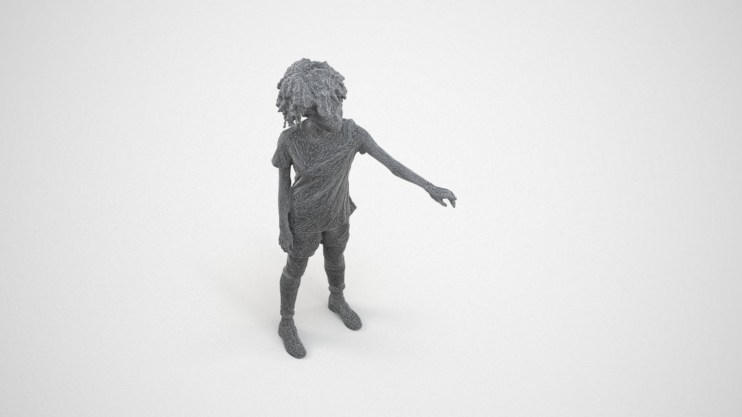 3D human model woman sport, photogrammetry scanned person for archviz, wireframe three-quarter view