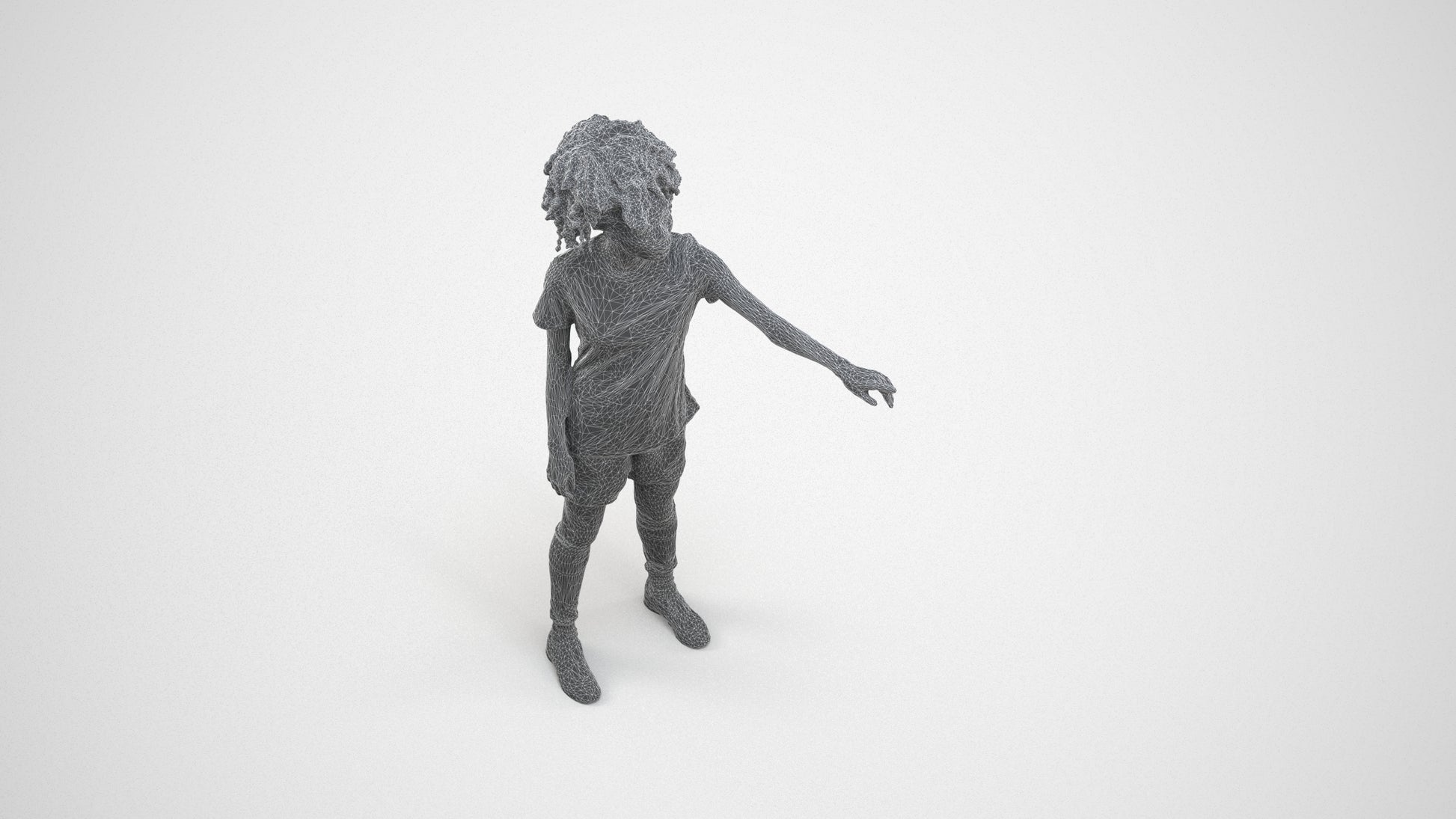 3D human model woman sport, photogrammetry scanned person for archviz, wireframe three-quarter view