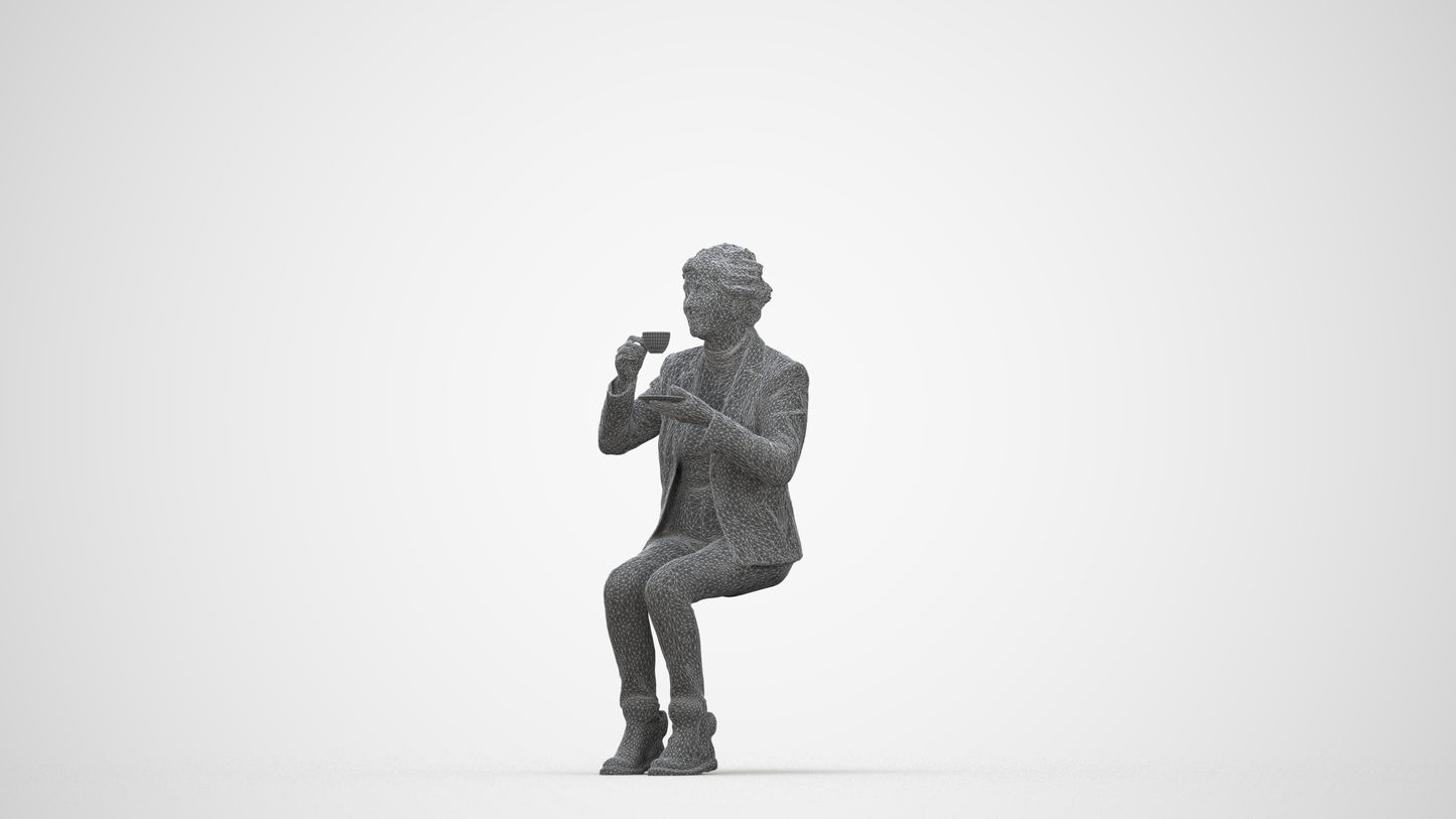 realistic 3D people senior woman business sitting, render-ready for V-Ray and Corona, FBX OBJ, wireframe back view