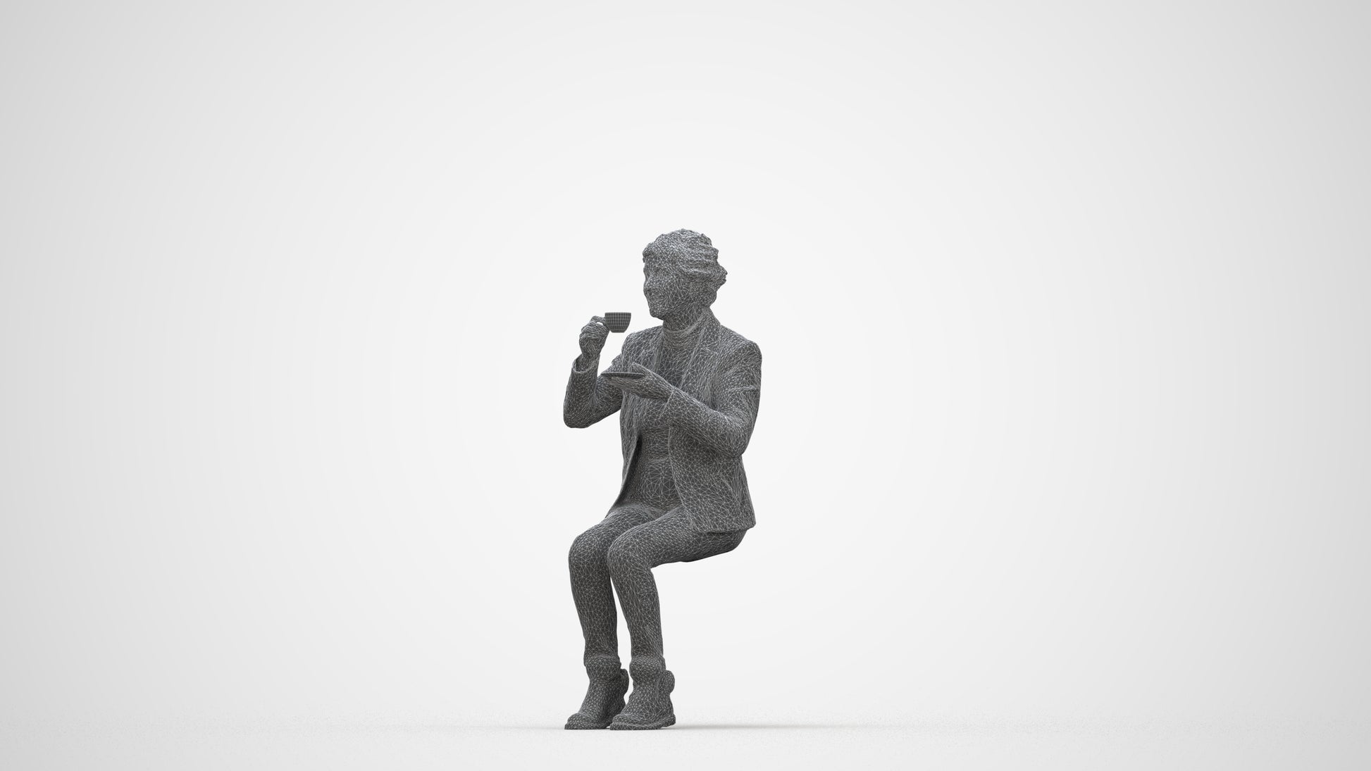 realistic 3D people senior woman business sitting, render-ready for V-Ray and Corona, FBX OBJ, wireframe back view
