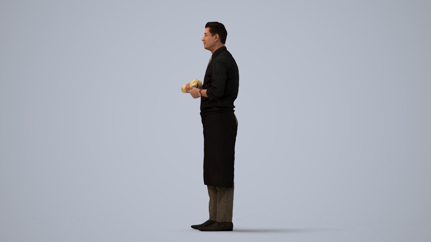 photogrammetry 3D man standing, realistic human model archviz FBX, three-quarter view render