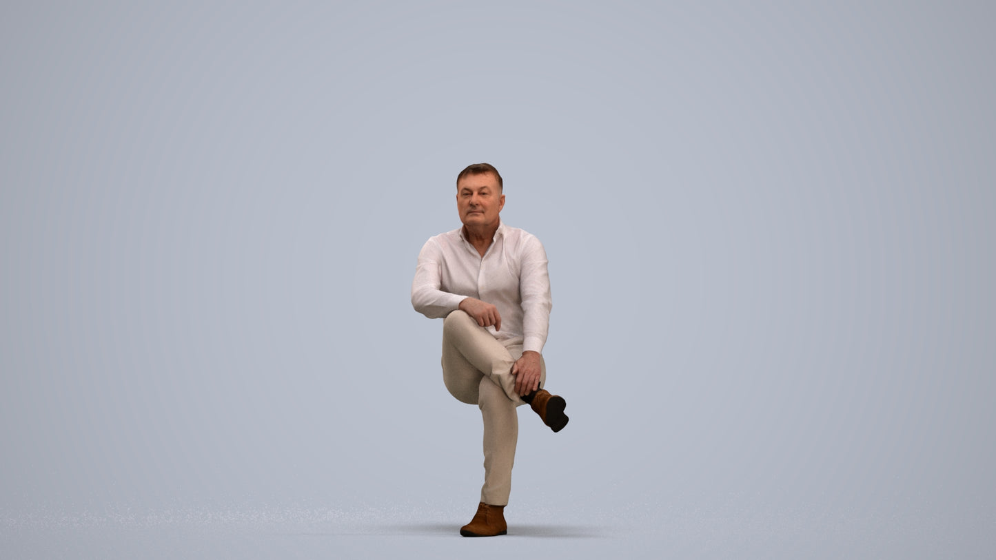 3D human model man casual sitting, photogrammetry scanned person for archviz, standing pose render