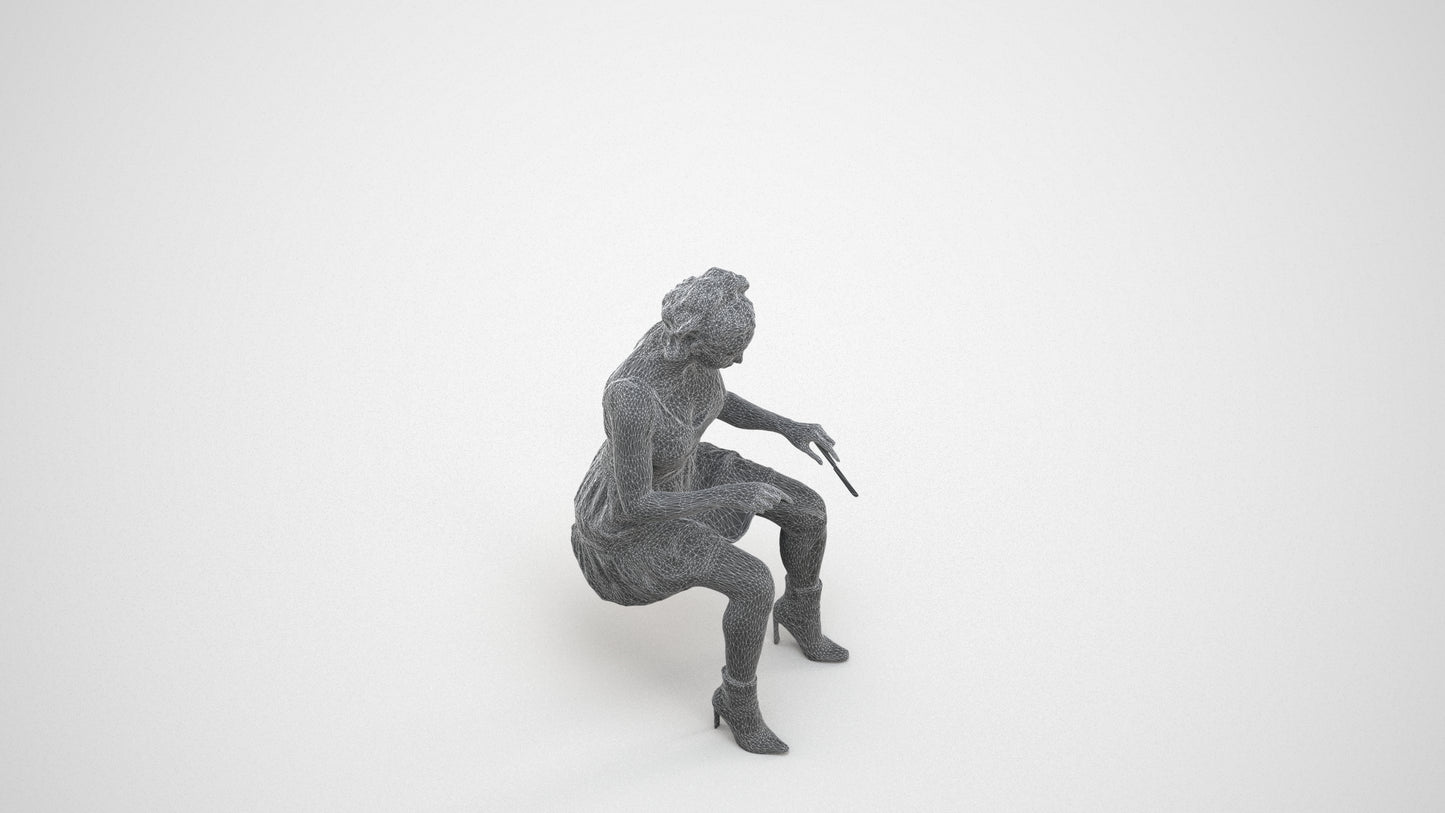 3D people model woman casual sitting, scanned human for 3ds Max rendering, wireframe three-quarter view