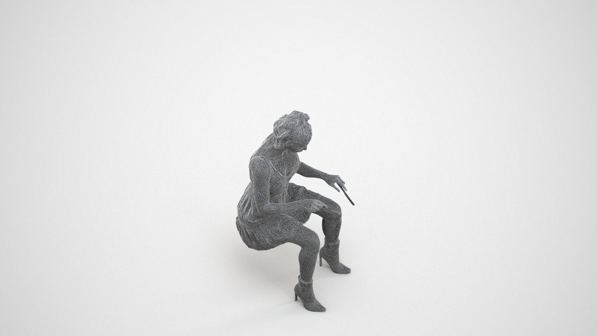 3D people model woman casual sitting, scanned human for 3ds Max rendering, wireframe three-quarter view