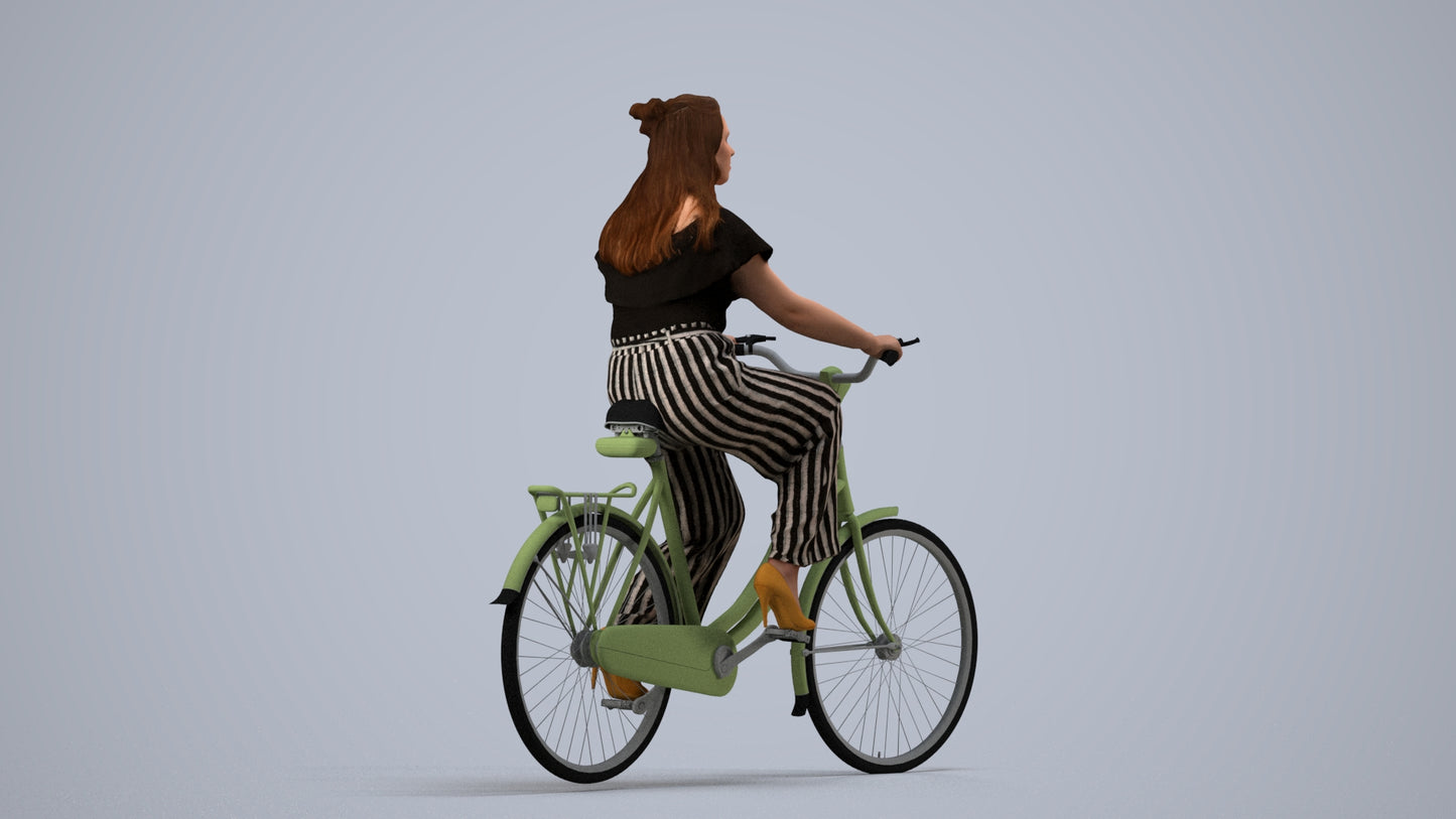 photogrammetry 3D woman casual cycling, realistic human model archviz FBX, side view render
