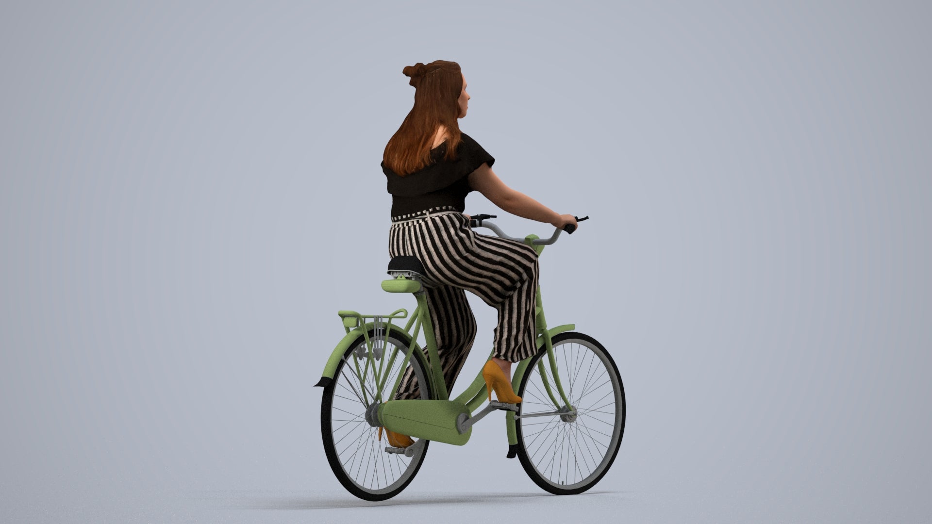 photogrammetry 3D woman casual cycling, realistic human model archviz FBX, side view render