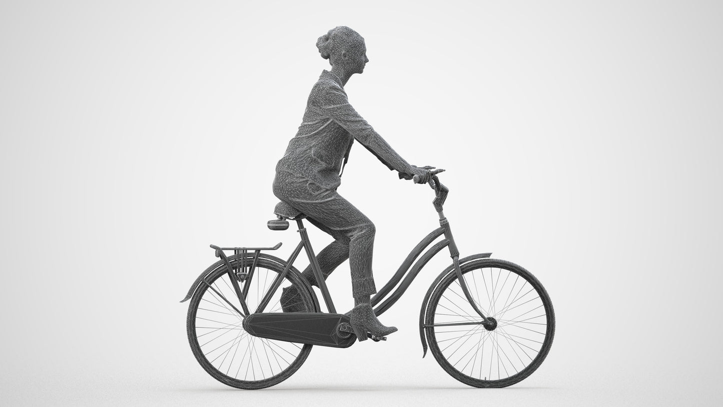 3D human model woman business cycling, photogrammetry scanned person for archviz, wireframe side view