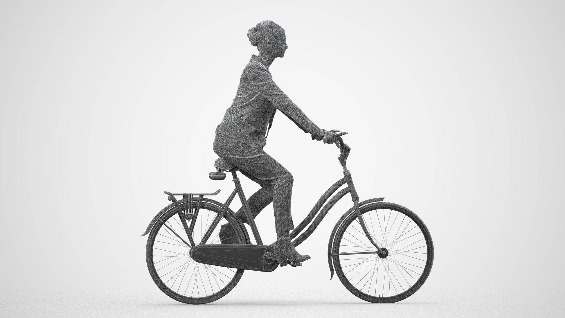 3D human model woman business cycling, photogrammetry scanned person for archviz, wireframe side view