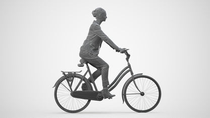 3D human model woman business cycling, photogrammetry scanned person for archviz, wireframe side view