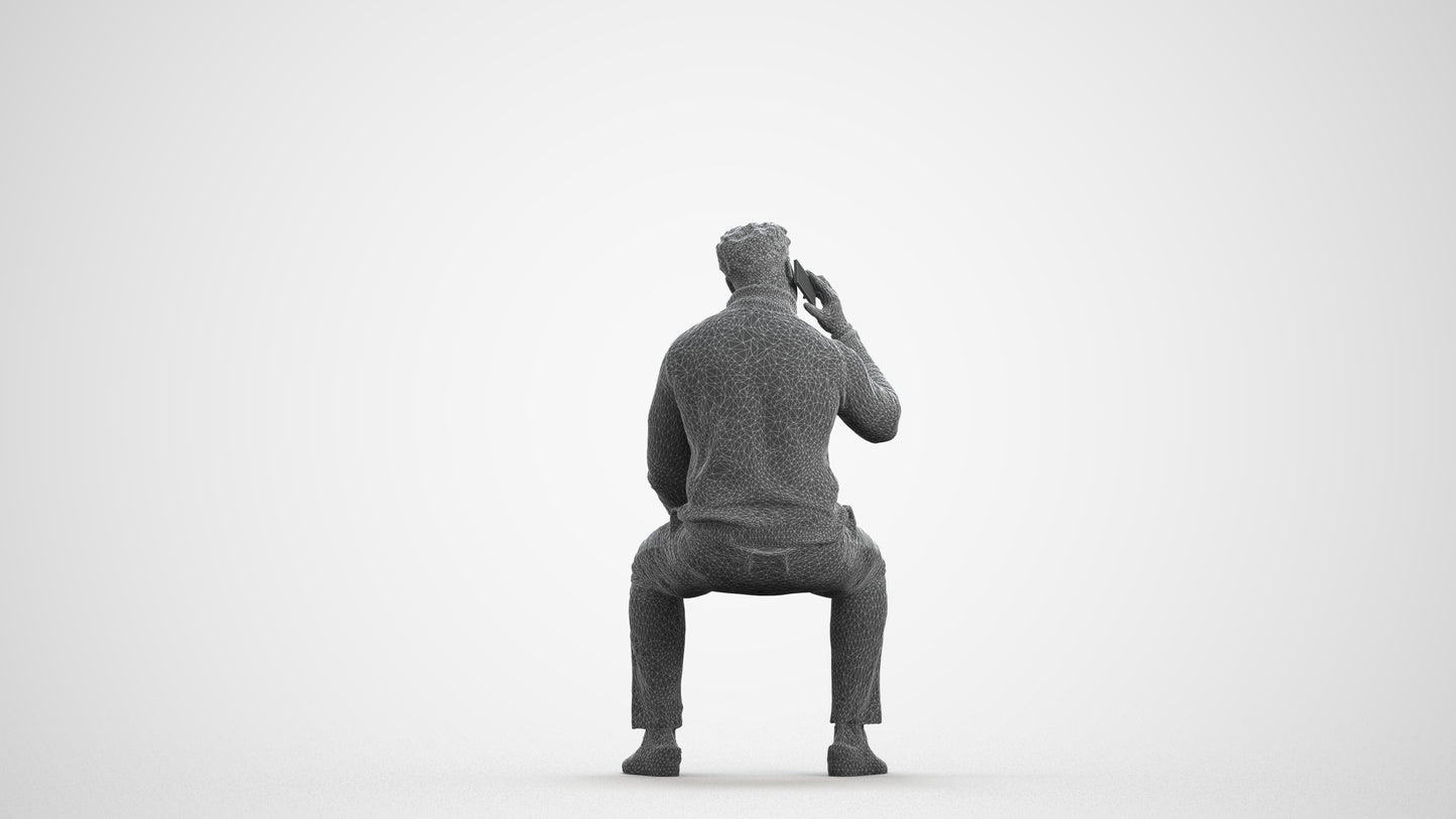3D human model man casual sitting, photogrammetry scanned person for archviz, wireframe front view