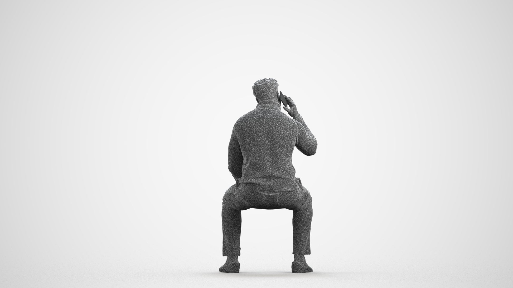 3D human model man casual sitting, photogrammetry scanned person for archviz, wireframe front view