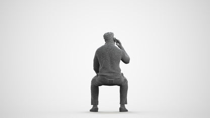 3D human model man casual sitting, photogrammetry scanned person for archviz, wireframe front view