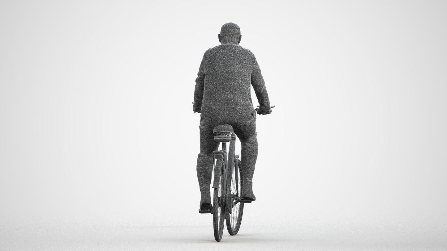 3D human model senior man business cycling, photogrammetry scanned person for archviz, wireframe front view