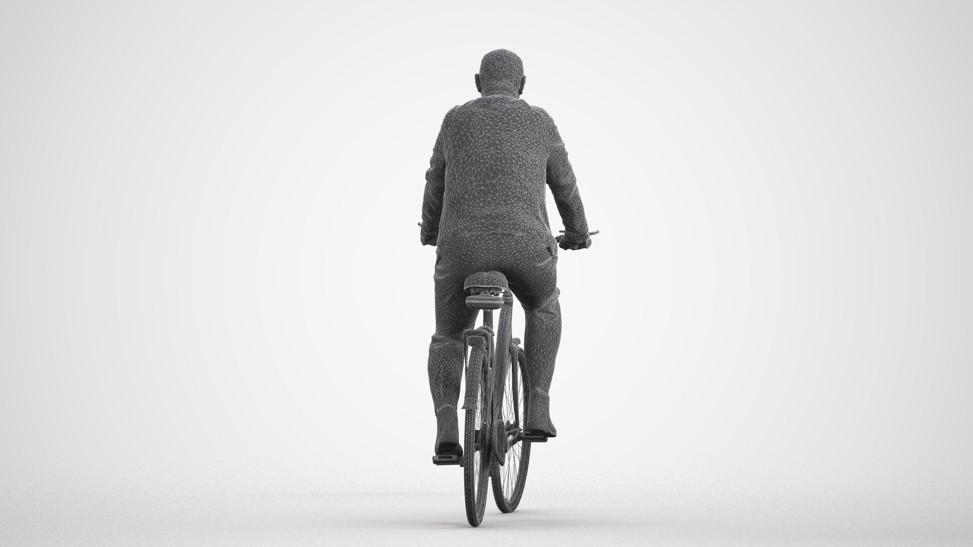 3D human model senior man business cycling, photogrammetry scanned person for archviz, wireframe front view