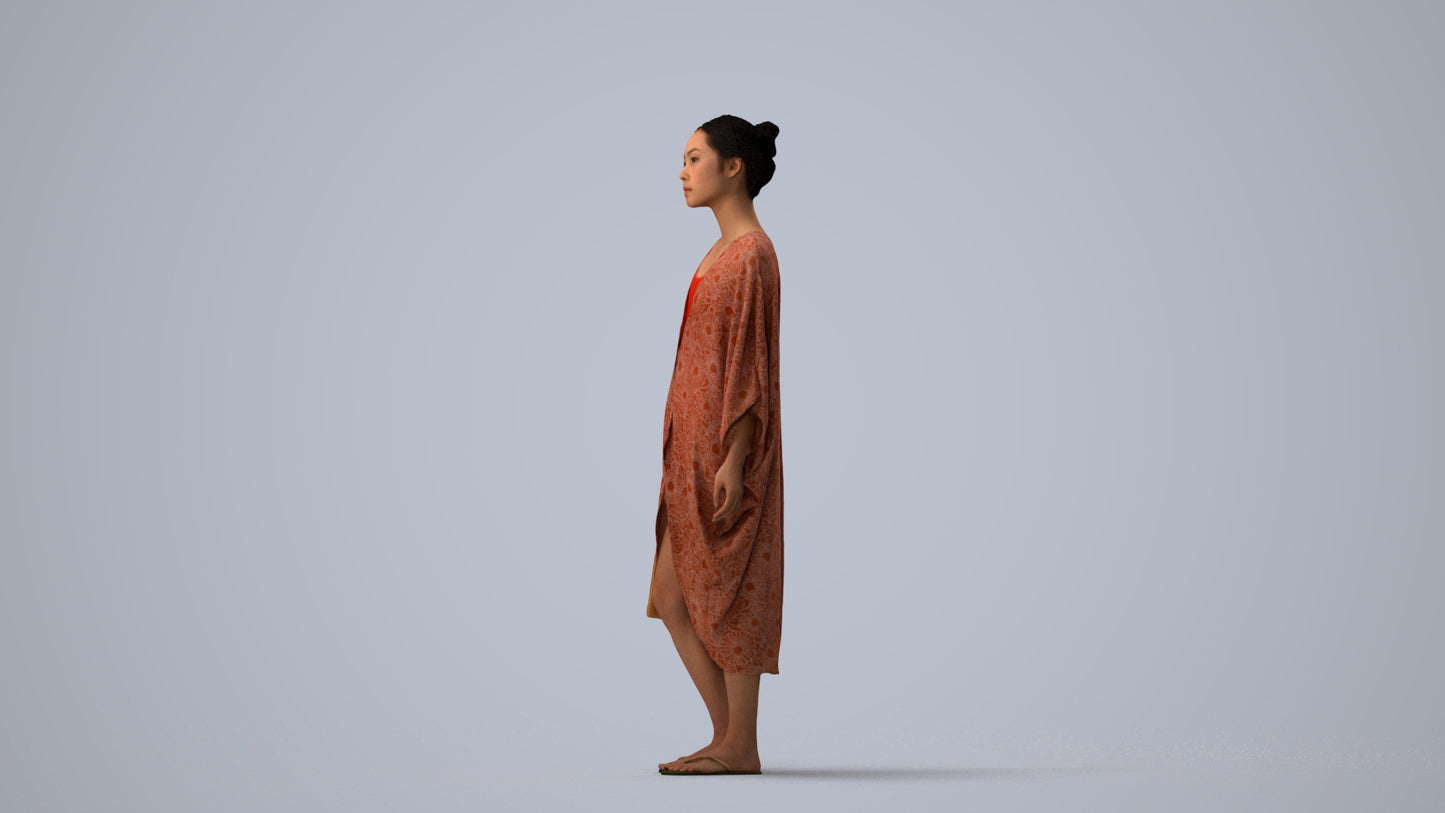 3D scanned woman standing casual, photorealistic archviz people for Enscape and SketchUp, three-quarter view render