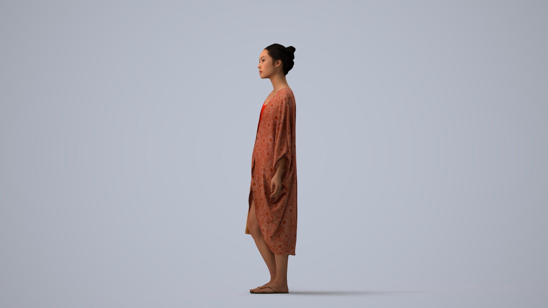 3D scanned woman standing casual, photorealistic archviz people for Enscape and SketchUp, three-quarter view render
