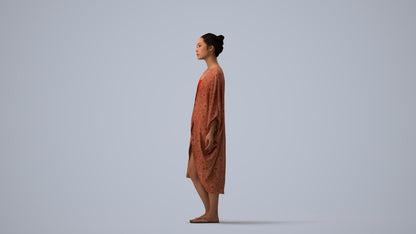 3D scanned woman standing casual, photorealistic archviz people for Enscape and SketchUp, three-quarter view render