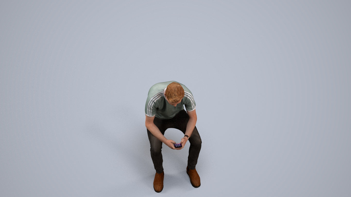 photogrammetry 3D man casual sitting, realistic human model archviz FBX, back view render