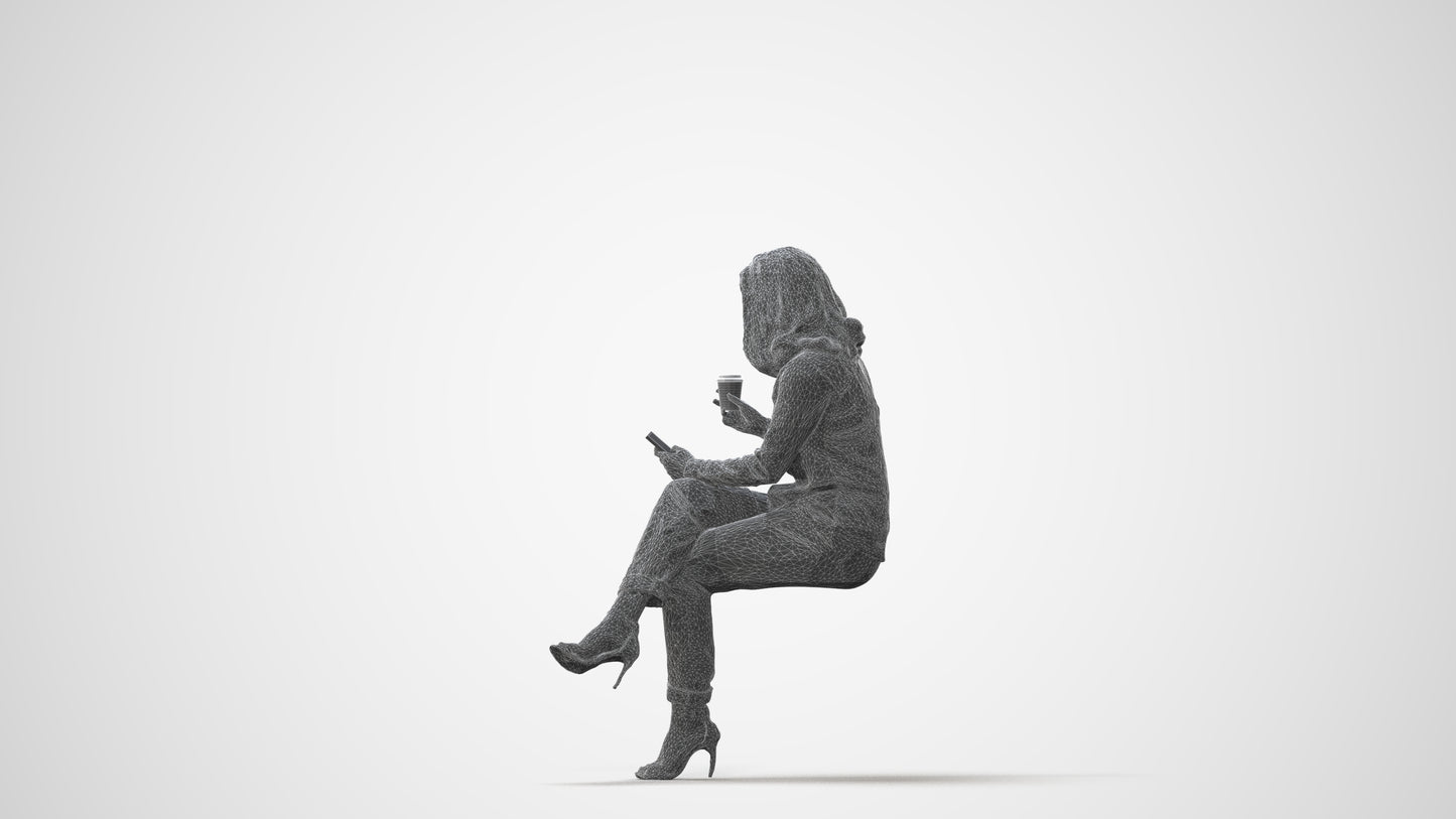 scanned 3D woman casual sitting, photogrammetry people for Enscape and V-Ray, square thumbnail