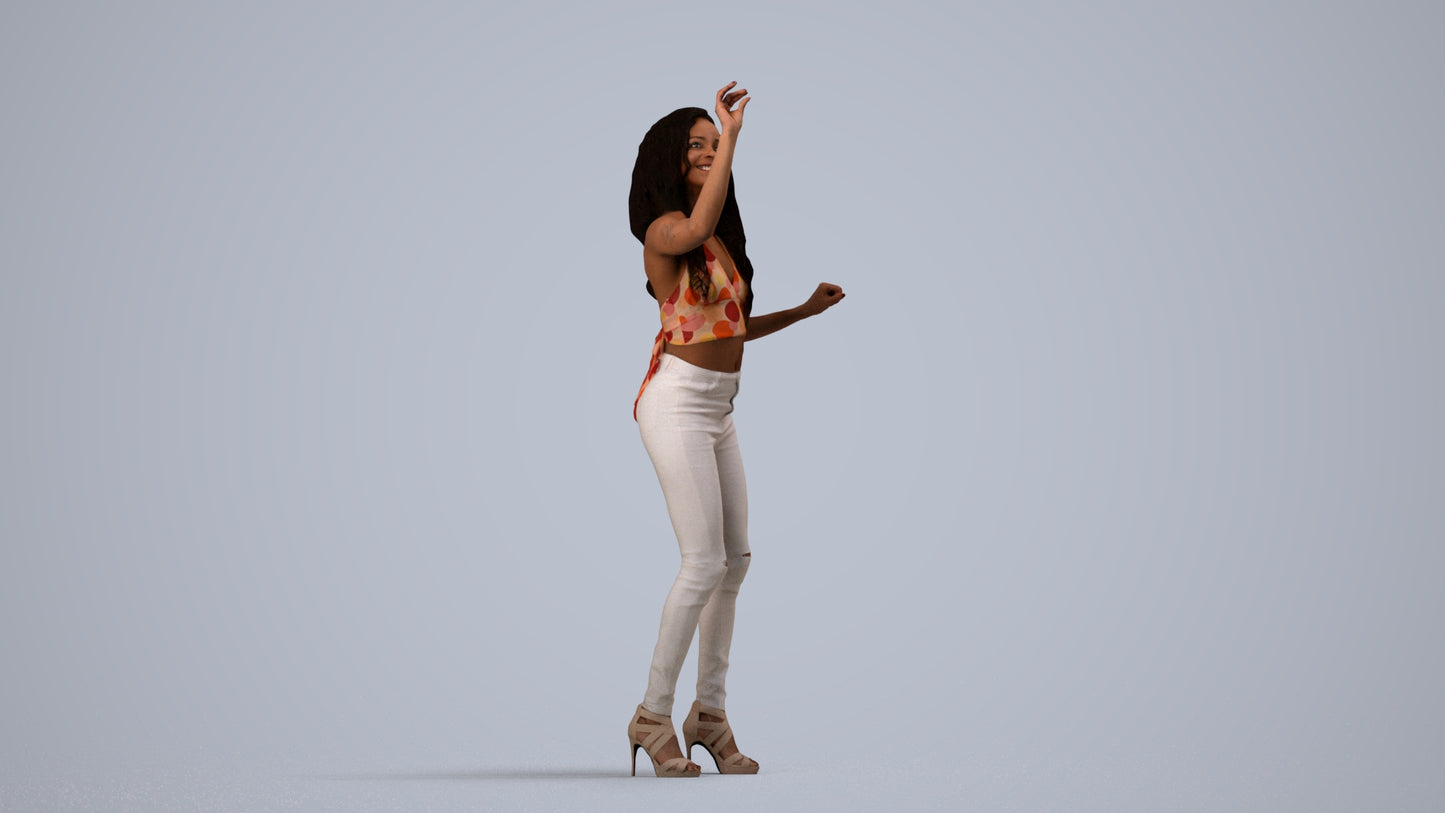 3D human model woman casual standing, photogrammetry scanned person for archviz, side view render
