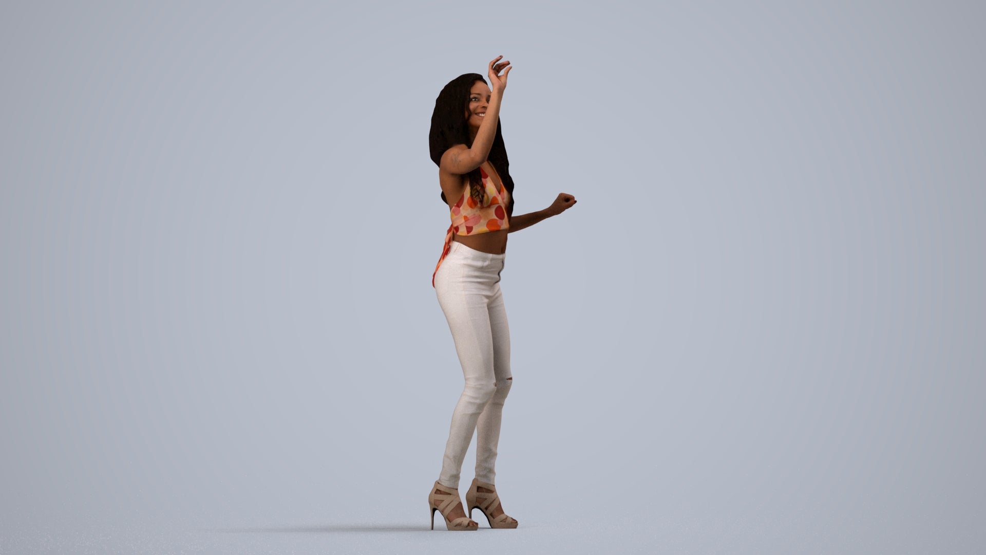 3D human model woman casual standing, photogrammetry scanned person for archviz, side view render