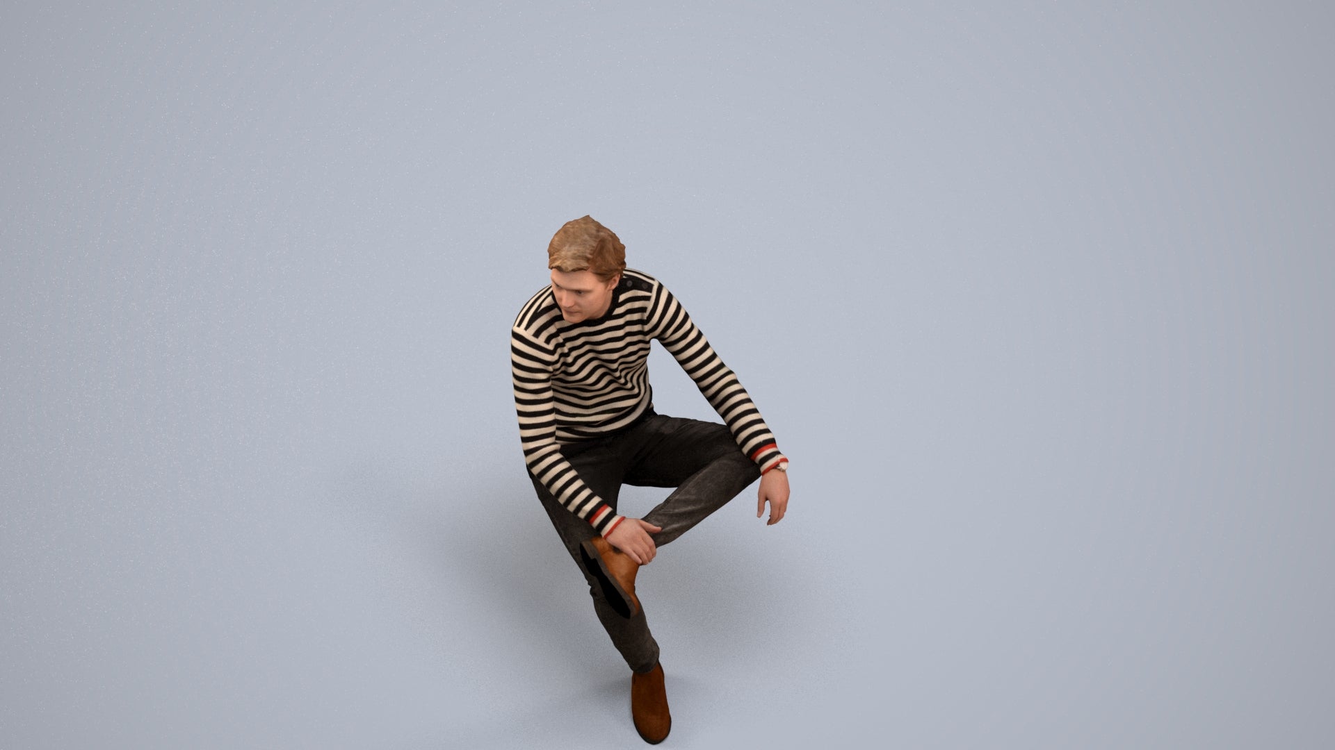 3D people model man casual sitting, scanned human for 3ds Max rendering, back view render