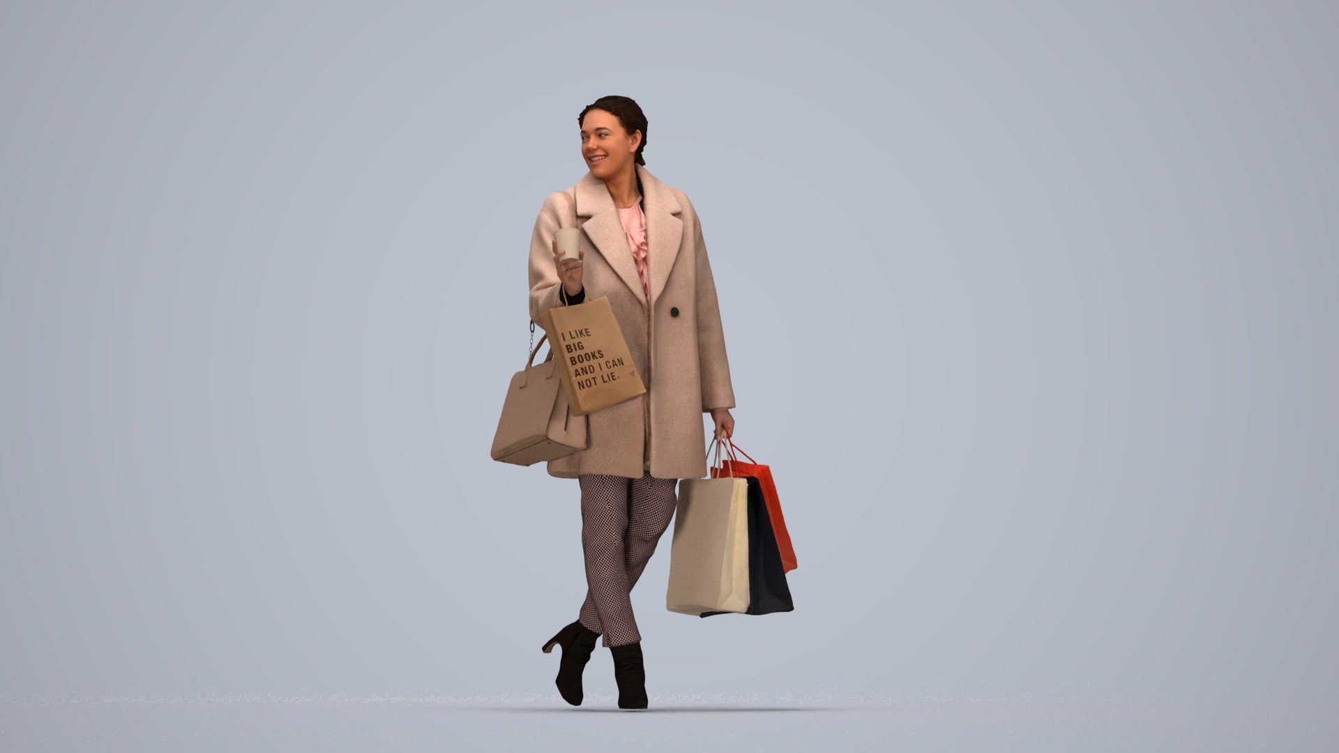 realistic 3D woman business shopping, scanned archviz people for Blender and 3ds Max, top-down view render