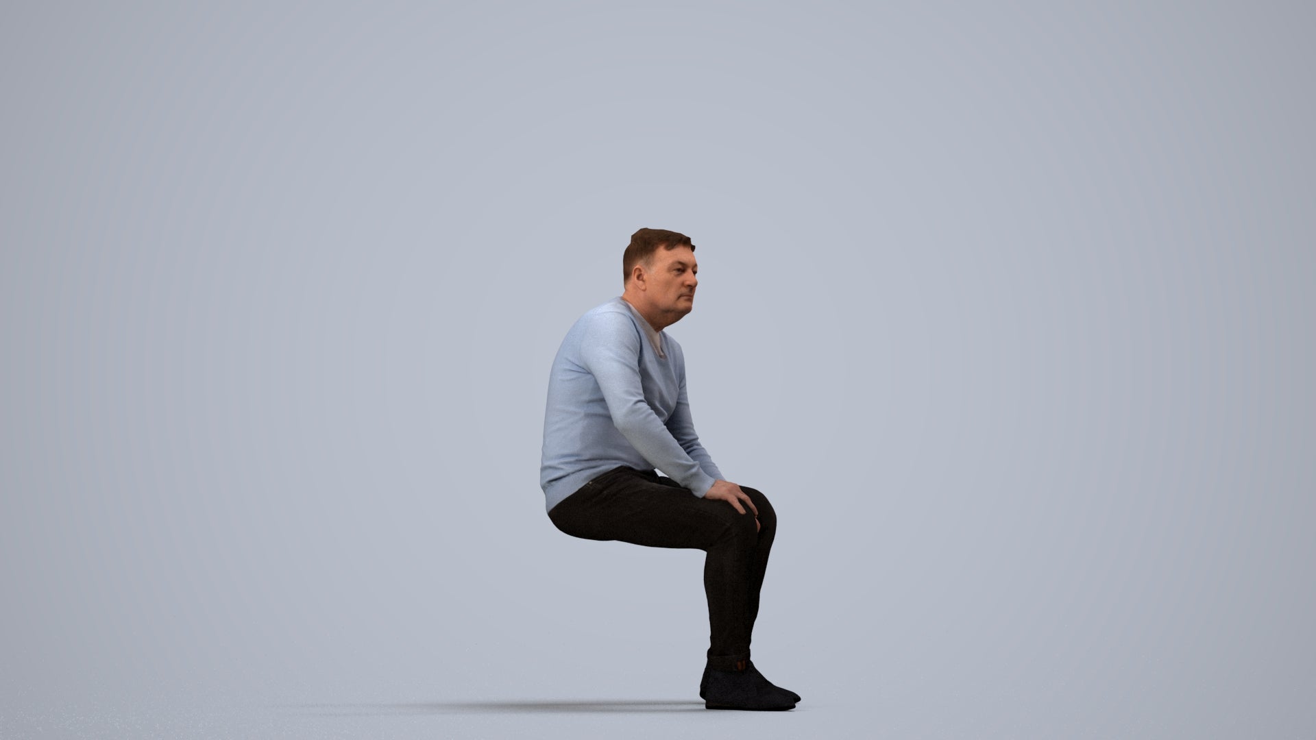 3D human model man casual sitting, photogrammetry scanned person for archviz, side view render