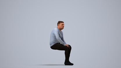3D human model man casual sitting, photogrammetry scanned person for archviz, side view render