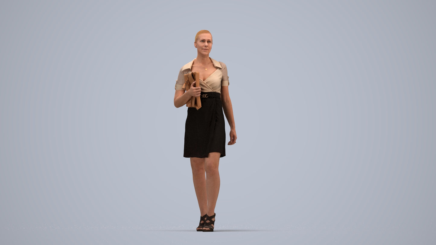 realistic 3D woman business standing, scanned archviz people for Blender and 3ds Max, top-down view render