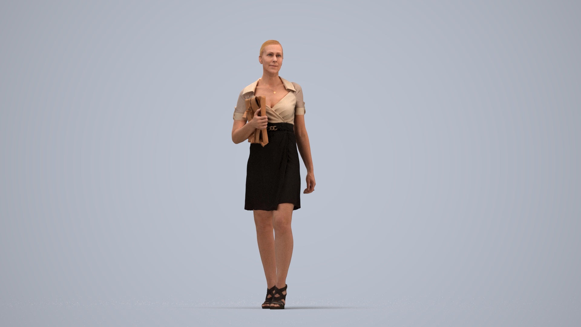 realistic 3D woman business standing, scanned archviz people for Blender and 3ds Max, top-down view render